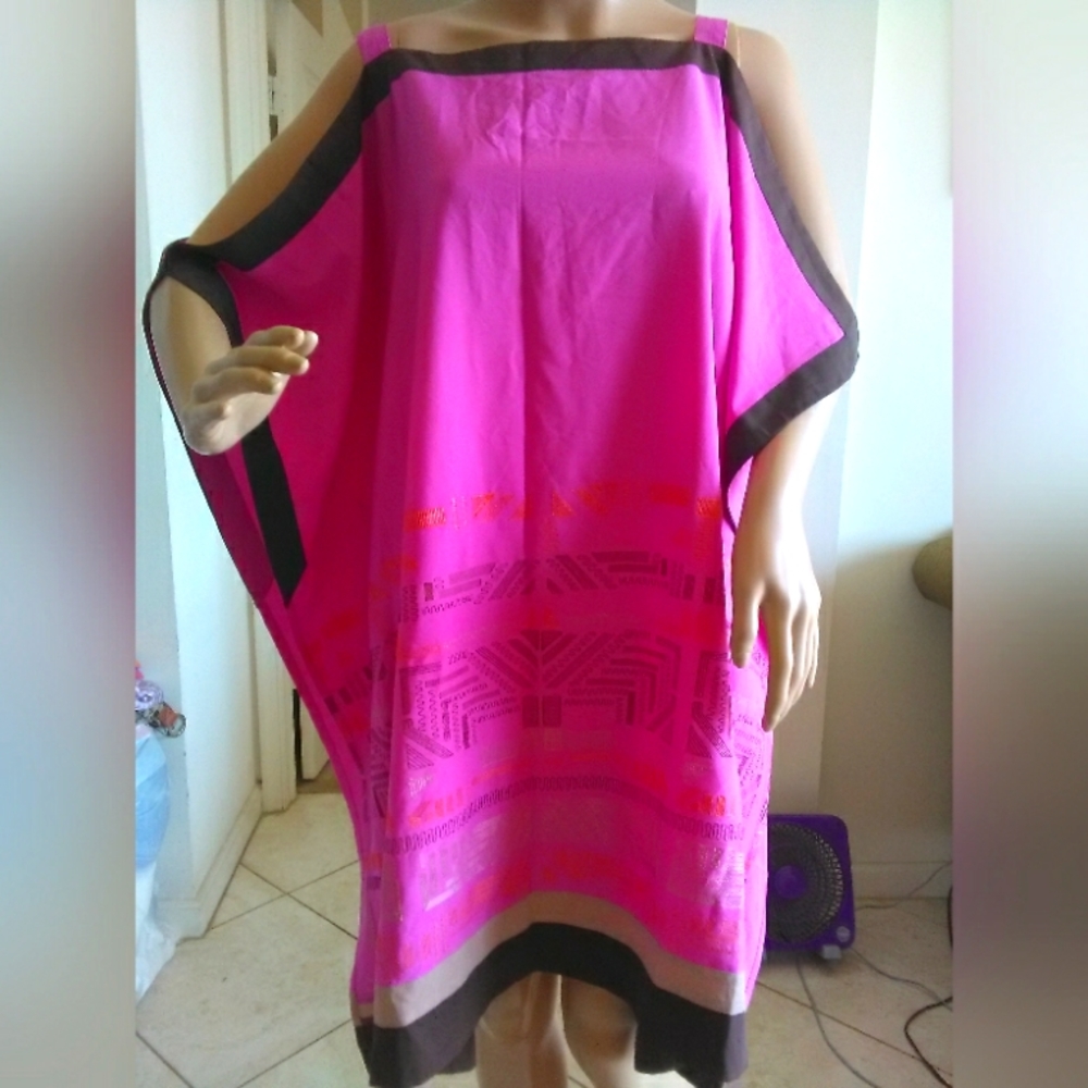 BNWT HOT PINK TOP/ COVER UP BY NOTATIONS SZ. 2 X  BROWN TRIM W/ MULTI COLOR DESI